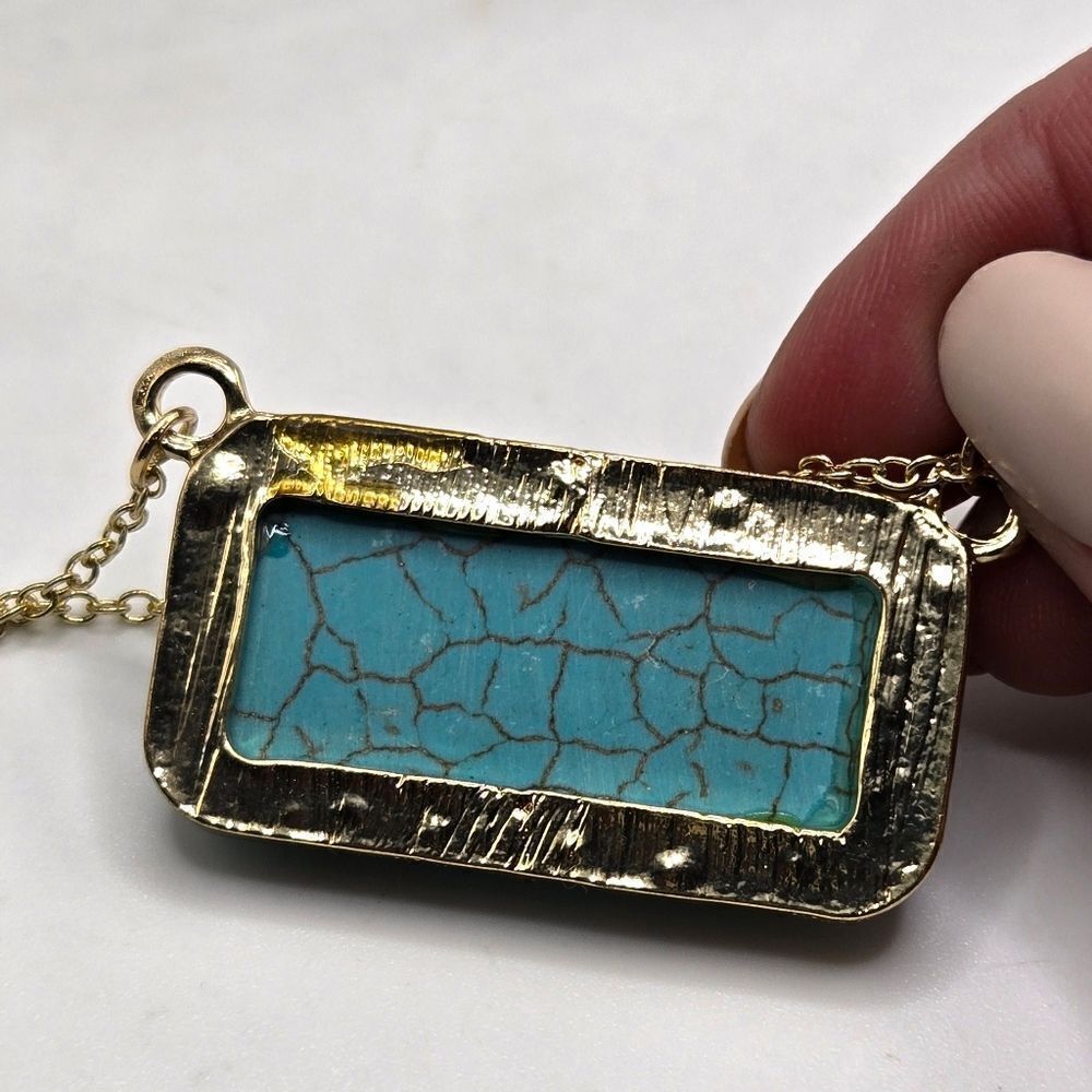 "5/$25" Goldtone Faux Turquoise Necklace & Mismatched Feather Dange Earrings - Picture 6 of 11